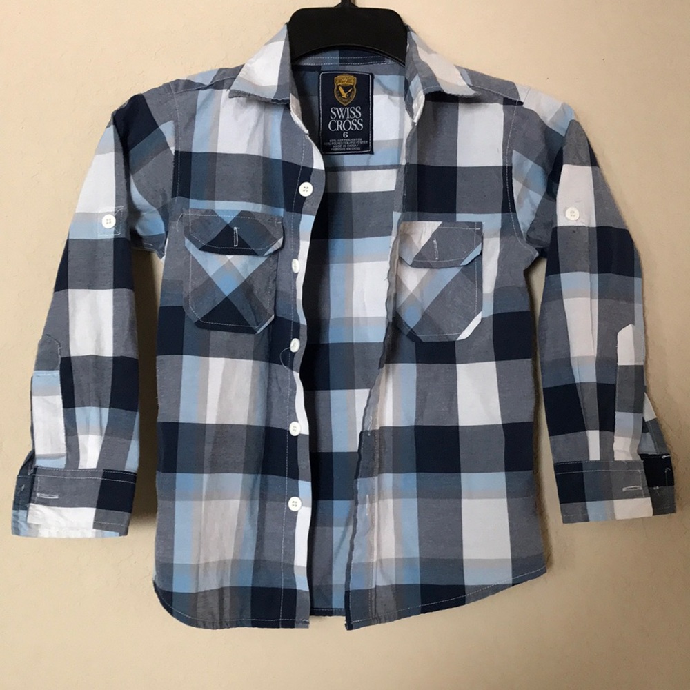 Swiss Cross Plaid Blue/White Button-Down Long Sleeve Shirt (Kids Size 6)